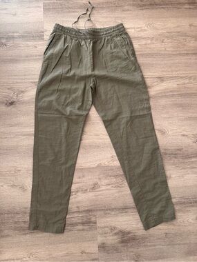 Linen blend Olive Green Drawstring Casual Pants